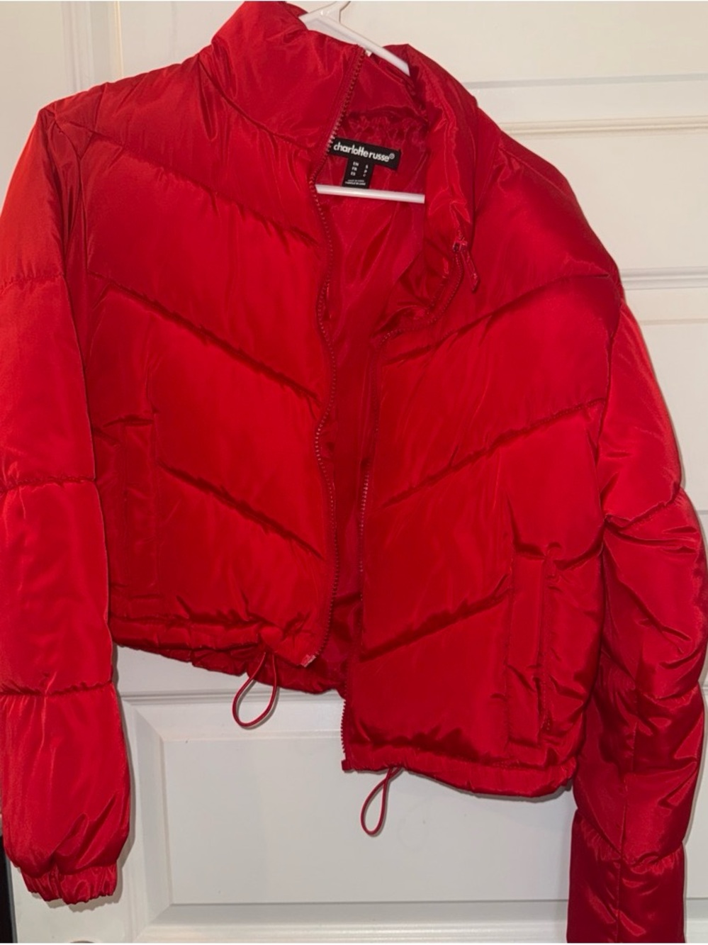 Charlotte Russe Red Cropped Puffer Jacket with Drawstring Hem